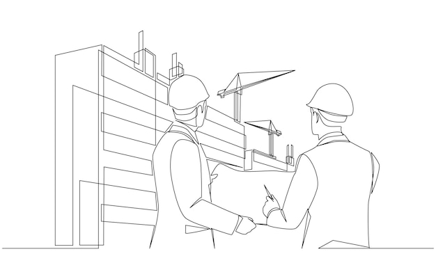 Un dibujo de línea de un ingeniero y un gerente de proyecto con un plano mirando un edificio de construcción