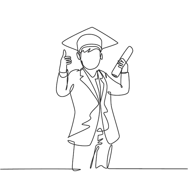Un dibujo de línea de un joven estudiante feliz que lleva un sombrero de graduación y hace el gesto de los pulgares hacia arriba