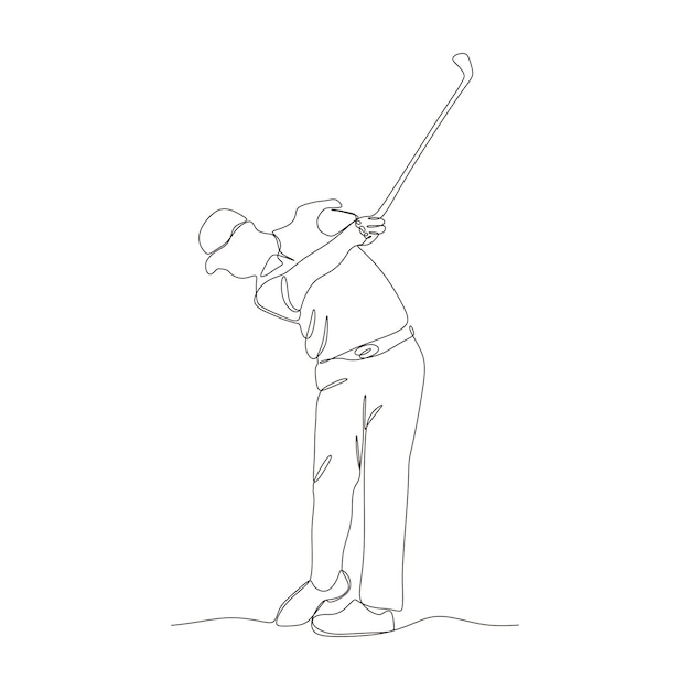 Dibujo de una línea de un joven jugador de golf balanceando un palo de golf y golpeando una pelota. concepto de deporte relajante. para ti