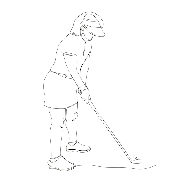 Dibujo de una línea de una joven jugadora de golf que hace pivotar el palo de golf y golpea la pelota. Concepto de deporte Relax