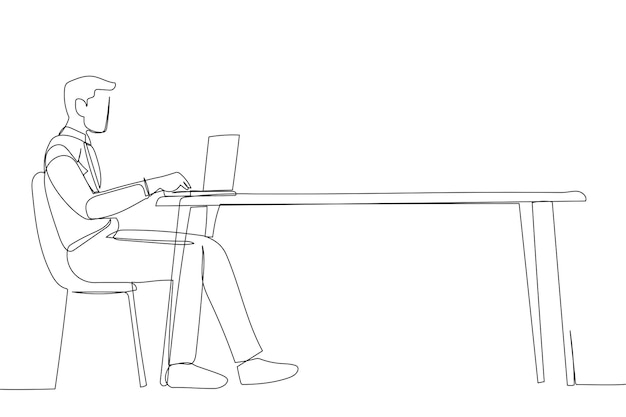 Dibujo de una línea de un joven sentado en el escritorio usando una computadora portátil que trabaja en línea desde casa