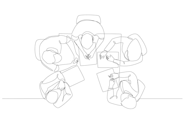 dibujo de una línea de jóvenes empresarios discutiendo el progreso del proyecto desde arriba