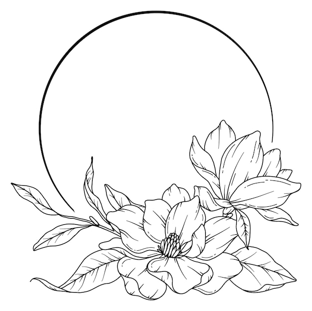 Dibujo de línea de magnolia marcos florales en blanco y negro arte de línea floral