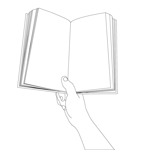 Dibujo de una línea mano sosteniendo libro y vector de contorno sobre fondo blanco