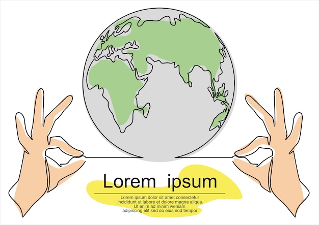 Dibujo de una línea de manos sosteniendo el globo terrestre. salvemos el concepto del planeta.
