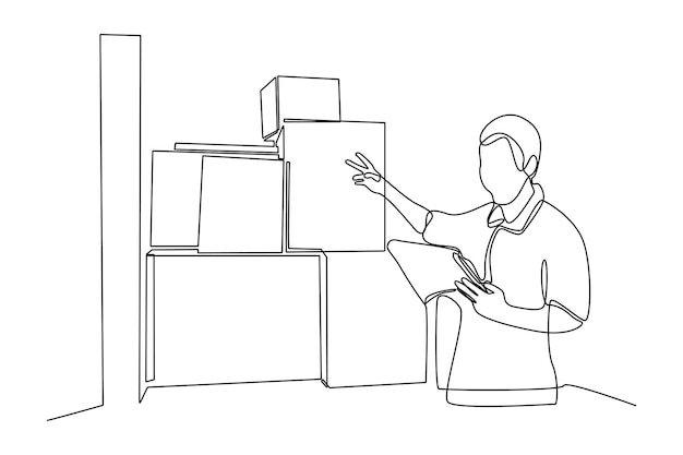 Un dibujo de línea El mensajero comprueba el paquete que llega Concepto de servicio de entrega Actividad de carga Ilustración vectorial de diseño de dibujo de líneas continuas