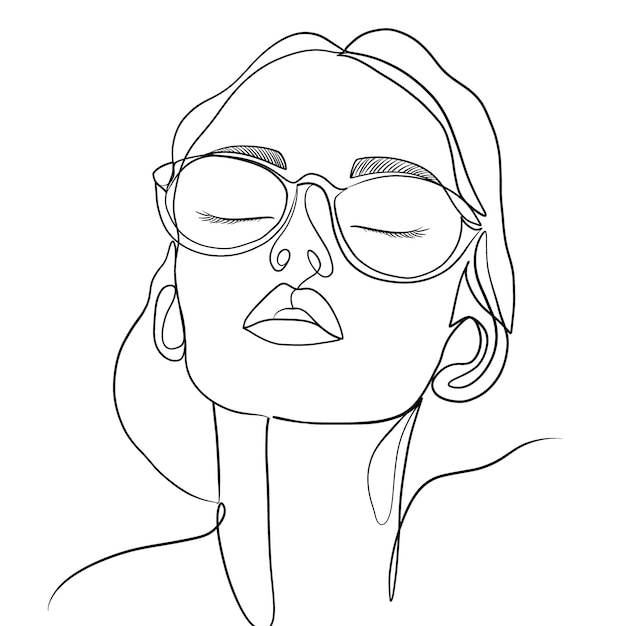 dibujo de línea minimalista de una mujer con gafas ojos cerrados que irradia tranquilidad y confianza