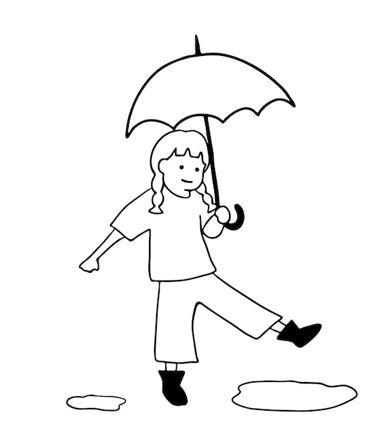 Dibujo de una línea de un niño caminando con un paraguas