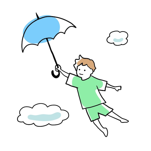 Dibujo de una línea de un niño volando por encima de las nubes con un paraguas
