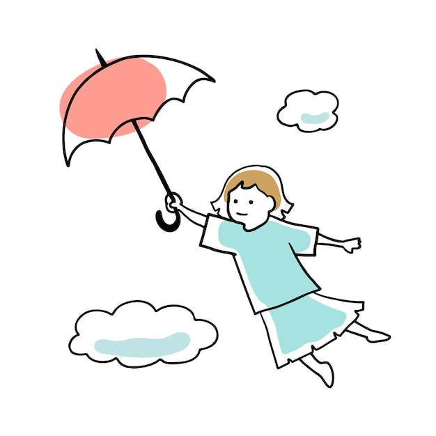 Dibujo de una línea de un niño volando por encima de las nubes con un paraguas