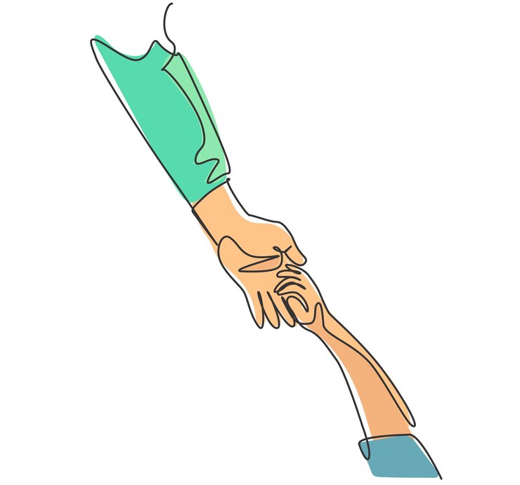Vector dibujo de una línea padre dándole la mano a su hijo cuidado de la madre en diseño de dibujo de línea continua