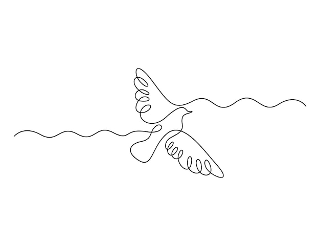 Un dibujo de línea de un pájaro paloma volando hacia arriba símbolo de paz y libertad ilustración vectorial de estilo lineal