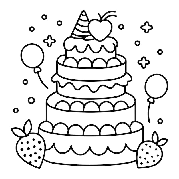 Un dibujo de línea de un pastel multicapa con corazones globos estrellas fresas y cerezas