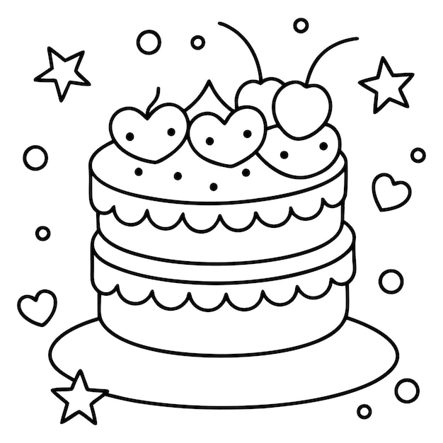 Un dibujo de línea de un pastel multicapa con corazones globos estrellas fresas y cerezas