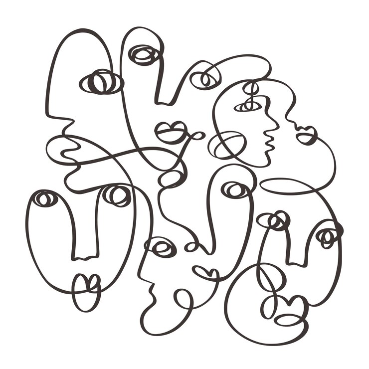 Vector un dibujo de línea patrón abstracto de cara abstracta. arte minimalista moderno, contorno estético. fondo de línea continua con rostros de mujer y hombre. decoración de carteles de pared