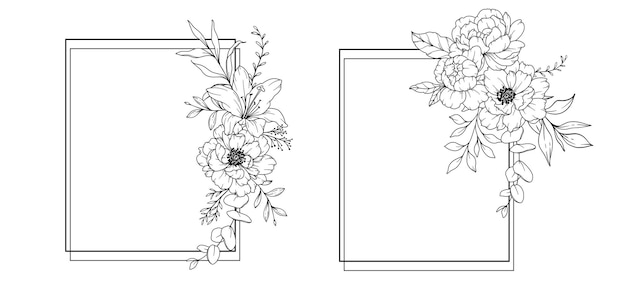 Dibujo de línea de peonía Marcos florales en blanco y negro Arte de línea floral