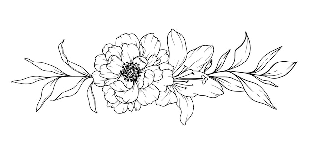 Vector dibujo de línea de peonía ramos florales en blanco y negro página de colorear flores arte de línea floral