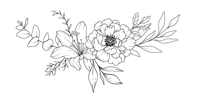 Vector dibujo de línea de peonía rojas florales en blanco y negro página de colorear de línea floral arte de línea fina ilustración de línea de peonía flores dibujadas a mano coloración botánica flores de invitación de boda