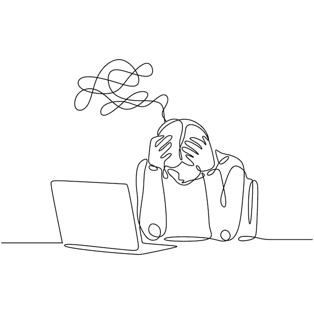 Dibujo de una línea persona frustrada estilo dibujado a mano continuo Personas con problemas de dolor de cabeza minimalista frente a una computadora portátil