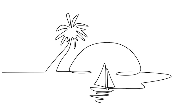 Dibujo de una línea de playa al atardecer y barco aislado sobre fondo blanco