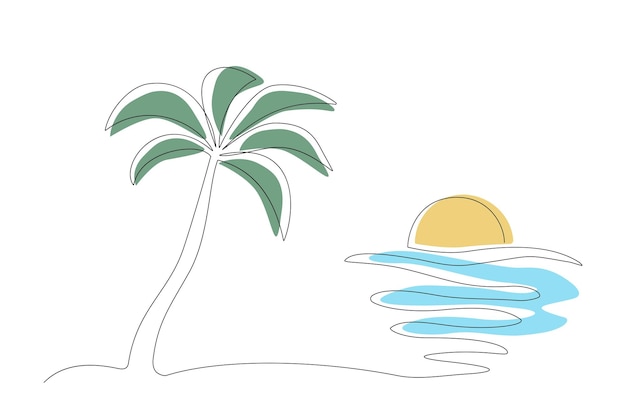 Dibujo de una línea de playa con palmeras y puesta de sol Ilustración vectorial