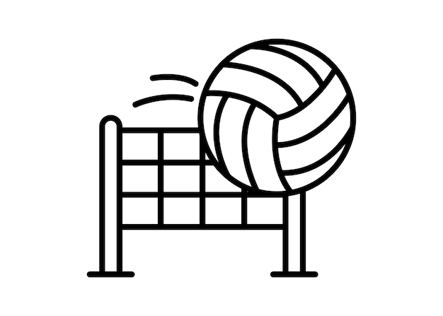 Un dibujo de línea de una red de voleibol con una pelota volando hacia ella que representa un juego de voleobol