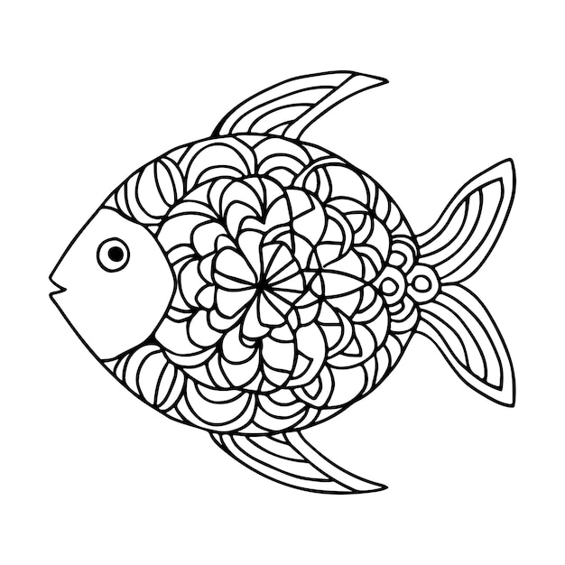 Dibujo de línea de silueta negra de pez animal con un patrón decorativo mandala floral y ornamental