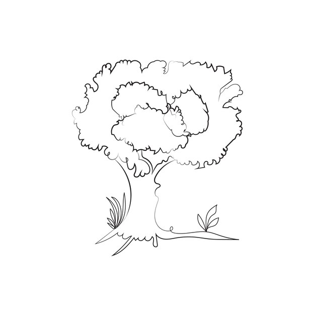 Dibujo de línea simple de un árbol con una corona completa y algo de hierba en la base