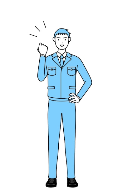 Dibujo de línea simple de un hombre en ropa de trabajo posando con agallas