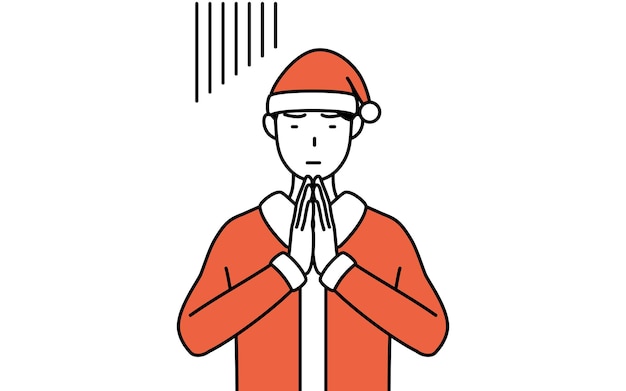 Dibujo de línea simple ilustración de un hombre vestido como Santa Claus disculpándose con las manos delante de su cuerpo