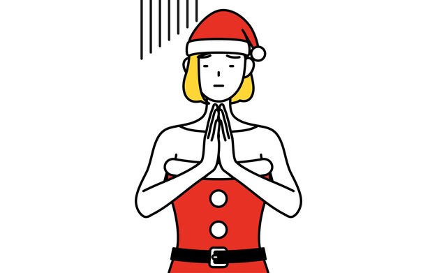 Dibujo de línea simple ilustración de una mujer vestida como Santa Claus disculpándose con las manos delante de su cuerpo