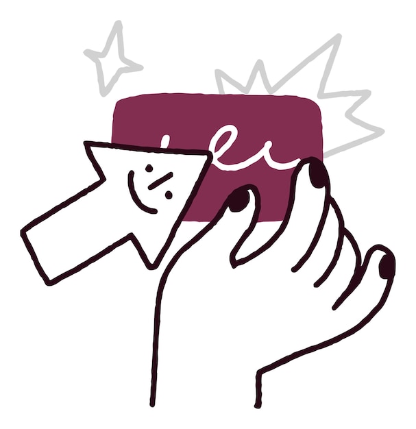 Dibujo de línea simple de una mano sosteniendo un megáfono con estrellas que indican el sonido