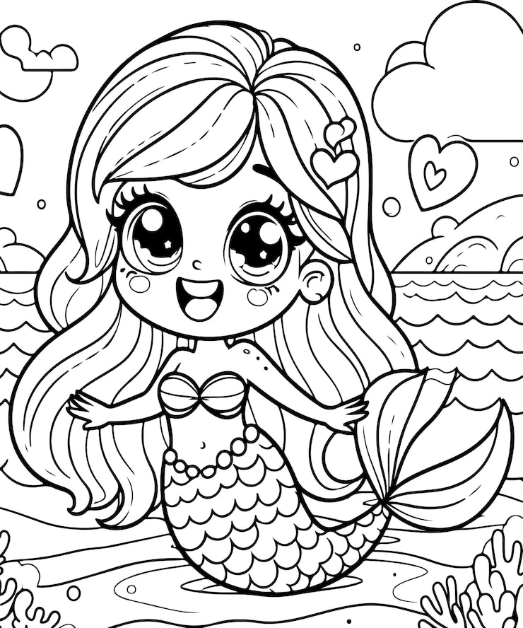 dibujo de línea de sirena ilustración página de colorear ai generado