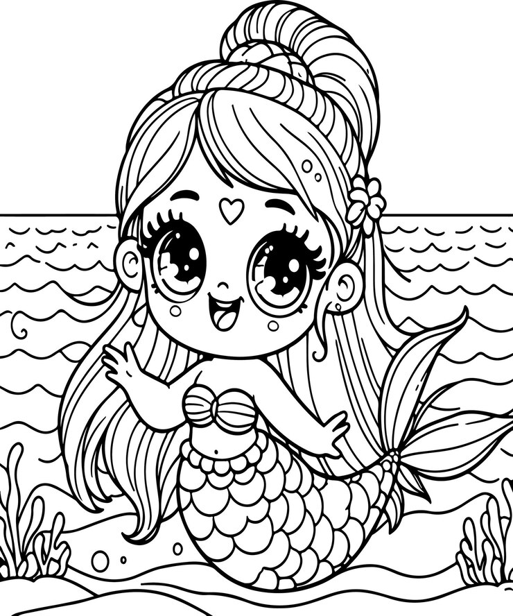 dibujo de línea de sirena ilustración página de colorear ai generado