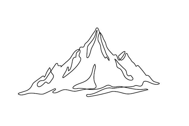 Un dibujo de línea sólida de un paisaje de cordillera en un fondo blanco