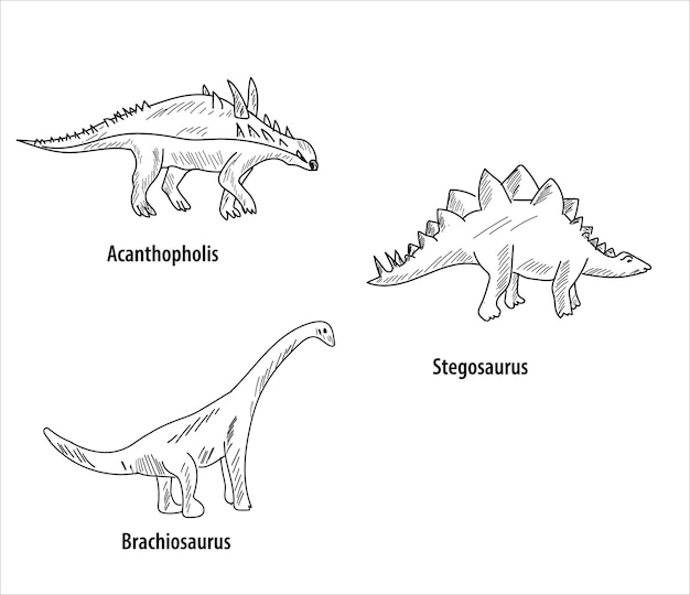 Vector dibujo de línea y sombreado 6 dibujos de dinosaurios ilustración vectorial. parasaurolophus, brachiosaurus, girar