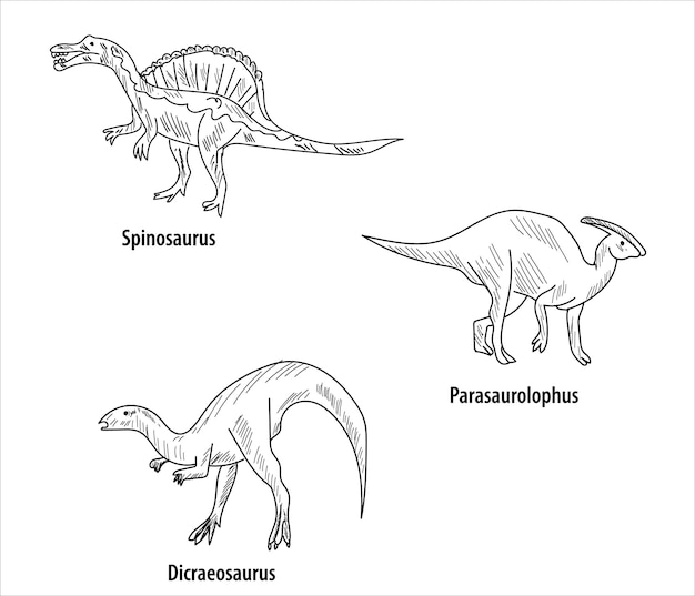 Dibujo de línea y sombreado 6 dibujos de dinosaurios ilustración vectorial. parasaurolophus, brachiosaurus, girar