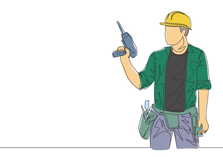 Vector dibujo en línea única de un artesano con uniforme mientras sostiene una máquina de perforación
