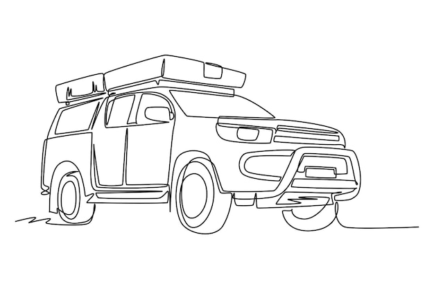 Dibujo de línea única de un fuerte coche de velocidad 4x4 Jeep Wrangler Concepto de transporte de vehículos de rally de aventura Un diseño de dibujo de línea continua