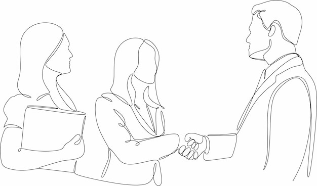 Dibujo de línea única de un grupo de hombres y mujeres de negocios de pie dibujo de línea continua