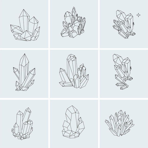 Dibujo de línea vectorial en cristales de estilo garabato aislados sobre fondo blanco dibujo simple de mineral de cristal