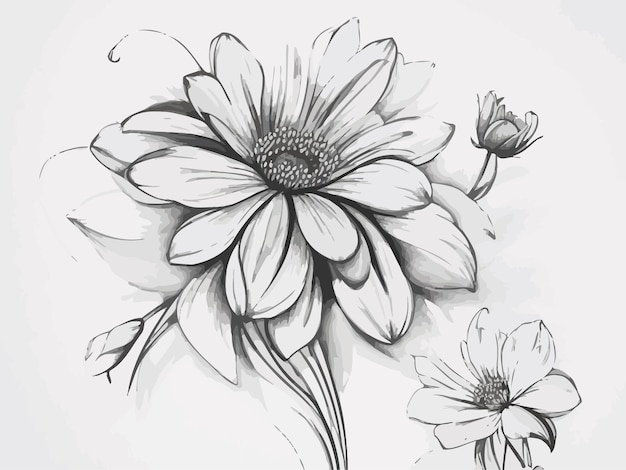 Dibujo de línea vectorial de ilustración floral en blanco y negro