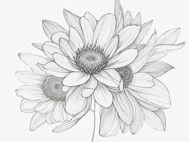 Dibujo de línea vectorial de ilustración floral en blanco y negro