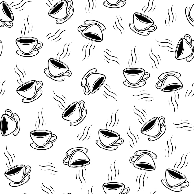 Dibujo de línea vectorial de patrón de taza sin costuras diseño de taza de café de té minimalista con contorno blanco y negro simple