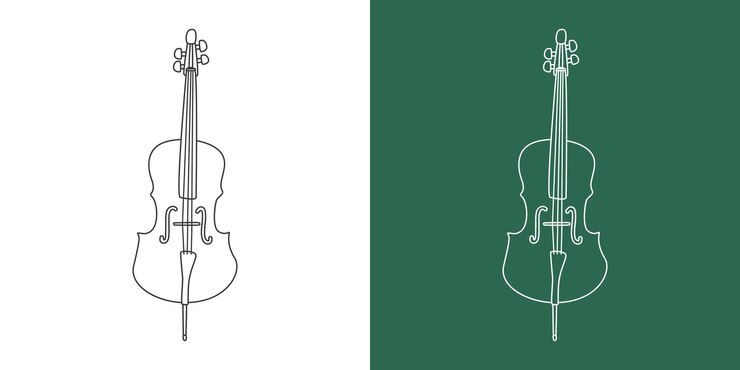 Vector dibujo de línea de violonchelo estilo de dibujos animados dibujo de imágenes prediseñadas de violonchelo de instrumento de cuerda en estilo lineal aislado