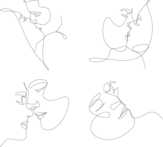 Dibujo lineal abstracto de hombre y mujer besándose para tarjeta impresa en arte mural