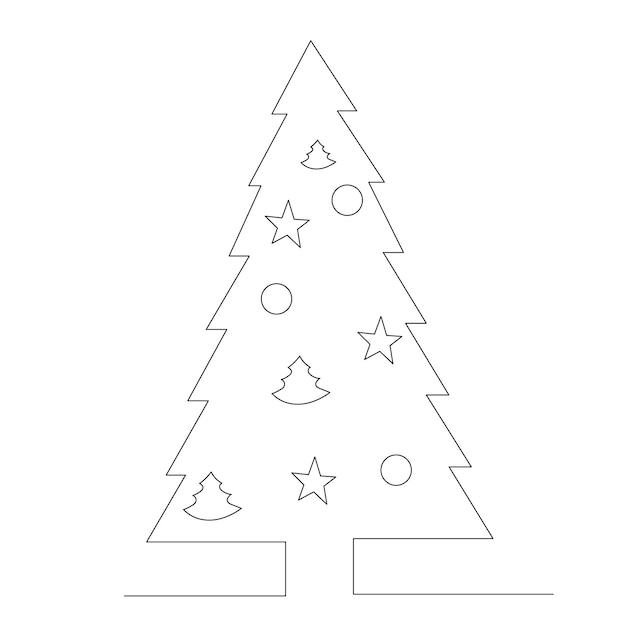 Un dibujo lineal de un árbol de navidad decorado, vector