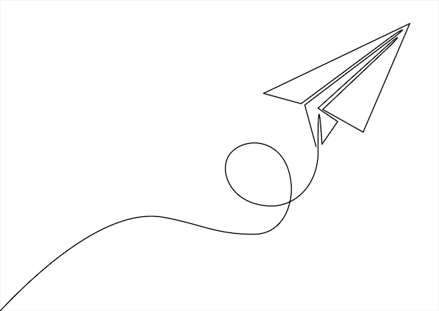 Un dibujo lineal de un avión de papel con un círculo.