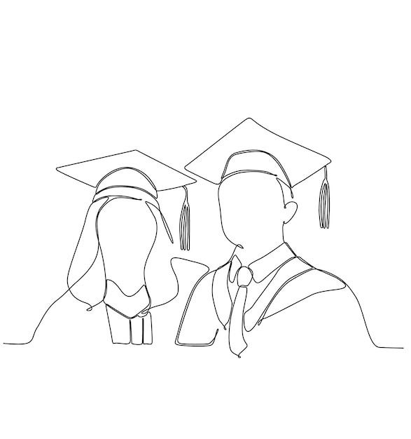 Vector un dibujo lineal en blanco y negro de un graduado y un hombre que lleva una gorra de graduación