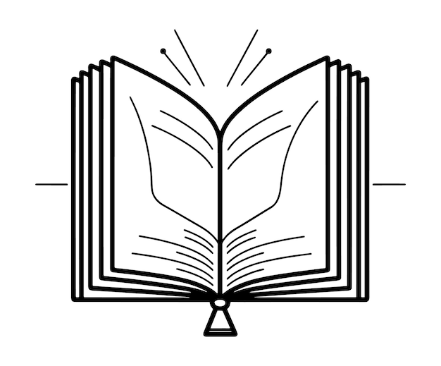 Vector un dibujo lineal en blanco y negro de un libro abierto con la palabra libro.